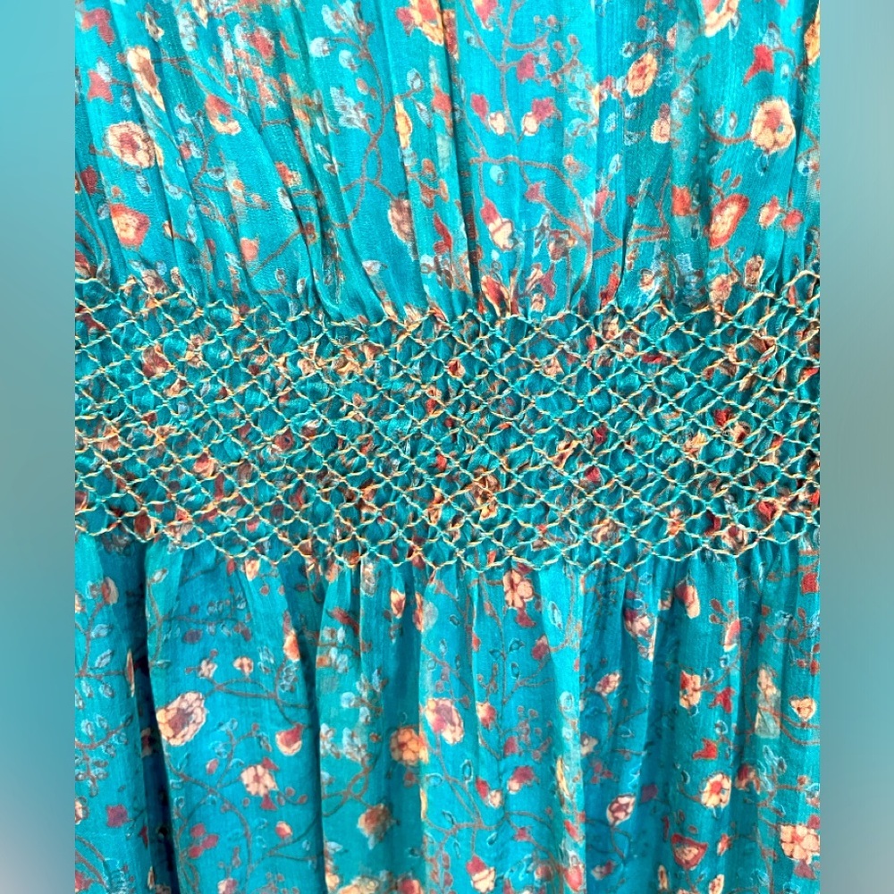 TREACY LOWE LONDON vintage 70s BLUE silk smocked peasant DRESS BOHO chic LARGE - Picture 8 of 9